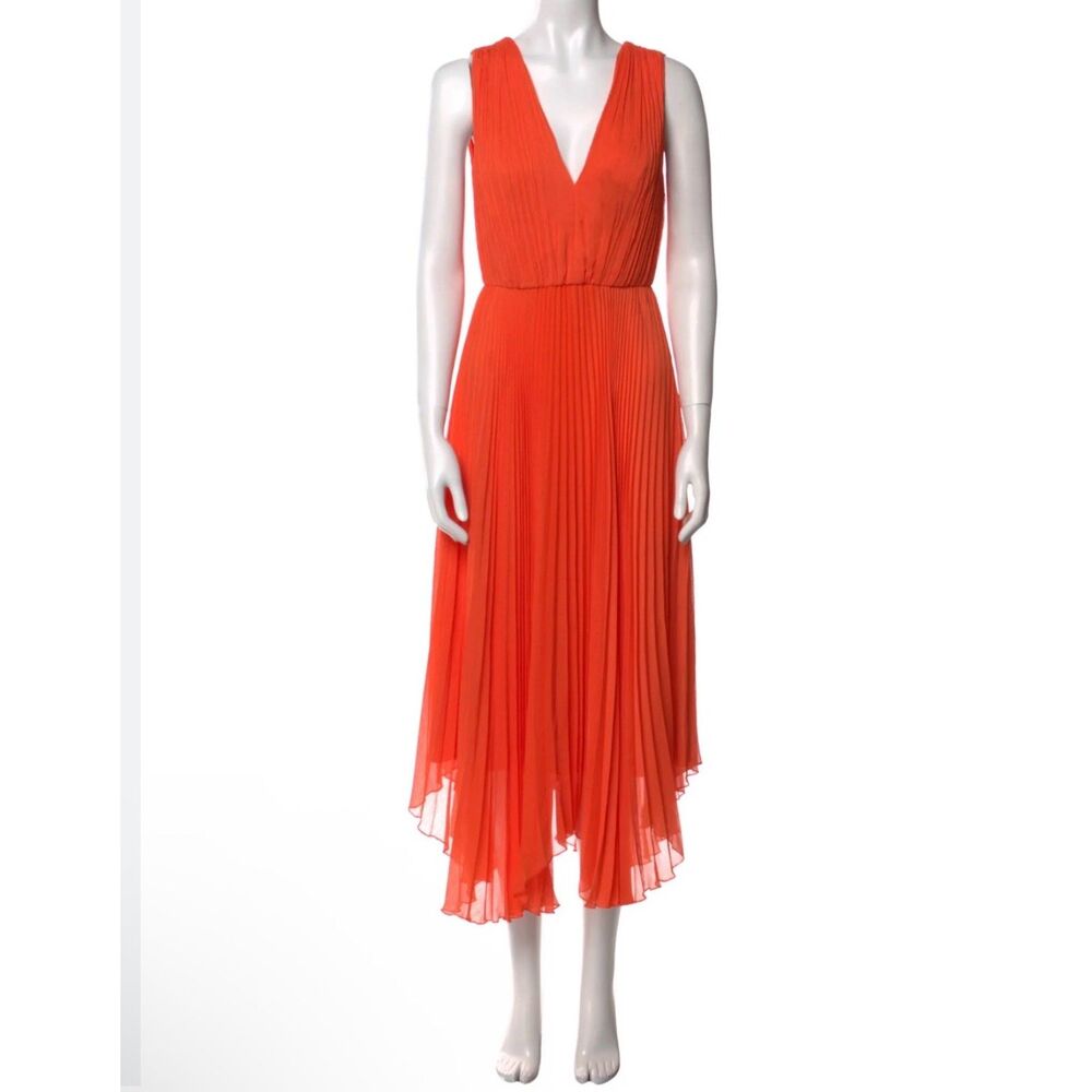 Alice + Olivia Pleated Deep V Flowy Dress Orange Red Size 6